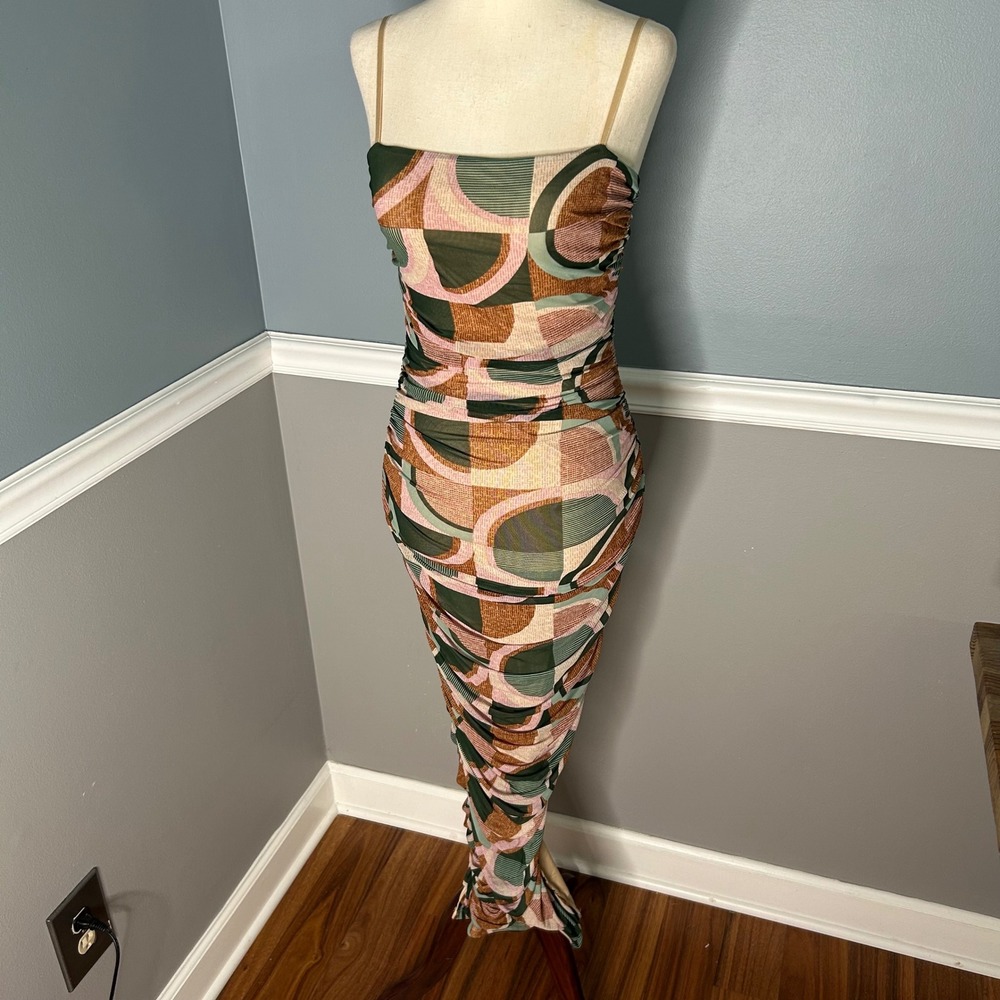 Privy Privately Privileged‎ Green Pink Abstract Ruched Bodycon Maxi Dress M